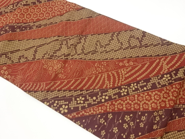 斜線に鹿の子・草花模様全通袋帯